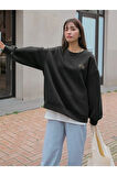 Kadın Siyah Arid Mountain Baskılı Oversize Sweatshirt