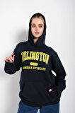 Lacivert Arlington Baskılı Oversize Kapüşonlu Sweatshirt