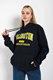 Lacivert Arlington Baskılı Oversize Kapüşonlu Sweatshirt