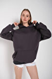 Kadın Füme Oversize Kapüşonlu Sweatshirt 000