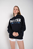 Kadın Lacivert Better Baskılı Oversize Sweatshirt