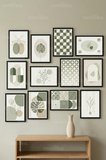 12 Parça Minimal Bitki Geometrik 2 Renk Seçenekli Dekoratif Çerçeve Görünümlü Tablo Seti