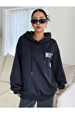 Kadın Lacivert Cherısh Time Baskılı Oversize Kapuşonlu Sweatshirt