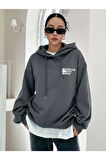 Kadın Füme Cherısh Time Baskılı Oversize Kapuşonlu Sweatshirt