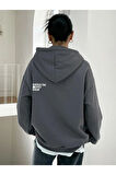 Kadın Füme Cherısh Time Baskılı Oversize Kapuşonlu Sweatshirt