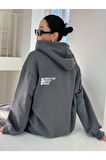 Kadın Füme Cherısh Time Baskılı Oversize Kapuşonlu Sweatshirt
