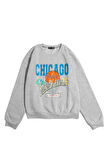 Kadın Gri Chicago 76 Baskılı Oversize Sweatshirt