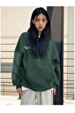 Kadın Koyu Yeşil Confidence Baskılı Kapüşonlu Sweatshirt