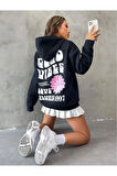 Kadın Siyah Good Vibes 1997 Baskılı Kapüşonlu Sweatshirt