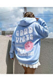 Kadın Bebe Mavisi Good Vibes 1997 Baskılı Kapüşonlu Sweatshirt