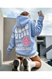 Kadın Bebe Mavisi Good Vibes 1997 Baskılı Kapüşonlu Sweatshirt