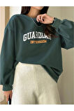 Kadın Nefti Yeşili Guardıan Baskılı Oversize Bisiklet Yaka Sweatshirt
