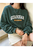 Kadın Nefti Yeşili Guardıan Baskılı Oversize Bisiklet Yaka Sweatshirt