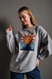 Kadın Gri Güneş Baskılı Oversize Sweatshirt