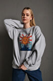Kadın Gri Güneş Baskılı Oversize Sweatshirt