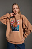 Kadın Vizon Güneş Baskılı Oversize Sweatshirt