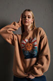 Kadın Vizon Güneş Baskılı Oversize Sweatshirt