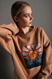 Kadın Vizon Güneş Baskılı Oversize Sweatshirt