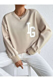 Kadın Bej IG Baskılı Bisiklet Yaka Sweatshirt