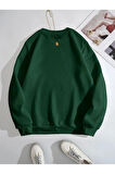Kadın Yeşil Çizgili Kalp Baskılı Oversize Sweatshirt
