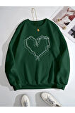 Kadın Yeşil Çizgili Kalp Baskılı Oversize Sweatshirt