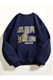Kadın Lacivert Karikatür Baskılı Oversize Sweatshirt