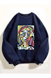 Kadın Lacivert Abstract Figure Baskılı Oversize Sweatshirt