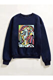 Kadın Lacivert Abstract Figure Baskılı Oversize Sweatshirt