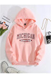 Kadın Pembe Michigan United State Baskılı Kapüşonlu Sweatshirt