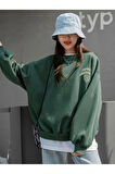 Kadın Yeşil Merry Cheerful Baskılı Oversize Bisiklet Yaka Sweatshirt