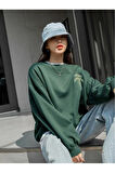 Kadın Yeşil Merry Cheerful Baskılı Oversize Bisiklet Yaka Sweatshirt
