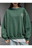 Kadın Yeşil Merry Cheerful Baskılı Oversize Bisiklet Yaka Sweatshirt