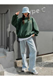Kadın Yeşil Merry Cheerful Baskılı Oversize Bisiklet Yaka Sweatshirt