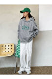 Kadın Gri Oversize Nice Baskılı Sweatshirt