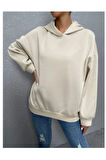 Kadın Bej Ters Düz Nothing Baskılı Oversize Sweatshirt