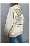 Kadın Bej Ters Düz Nothing Baskılı Oversize Sweatshirt