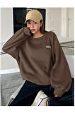 Kadın Kahverengi Staggertly Baskılı Bisiklet Yaka Sweatshirt