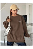 Kadın Kahverengi Staggertly Baskılı Bisiklet Yaka Sweatshirt