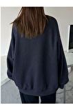Kadın Lacivert Staggertly Baskılı Bisiklet Yaka Sweatshirt
