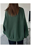 Kadın Nefti Yeşil Staggertly Baskılı Bisiklet Yaka Sweatshirt