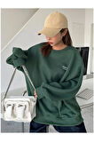 Kadın Nefti Yeşil Staggertly Baskılı Bisiklet Yaka Sweatshirt