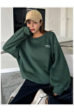 Kadın Nefti Yeşil Staggertly Baskılı Bisiklet Yaka Sweatshirt