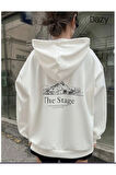 Kadın Beyaz The Stage Baskılı Kapüşonlu Sweatshirt