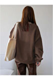 Kadın Kahve Vacation Joy Wake Baskılı Oversize Bisiklet Yaka Sweatshirt