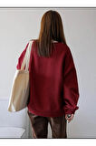 Kadın Bordo Vacation Joy Wake Baskılı Oversize Bisiklet Yaka Sweatshirt
