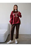 Kadın Bordo Vacation Joy Wake Baskılı Oversize Bisiklet Yaka Sweatshirt