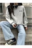 Kadın Gri We Ar Baskılı Oversize Sweatshirt