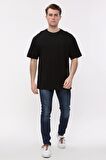 Erkek Oversize Bol Kalıp Bisiklet Yaka Siyah T-Shirt