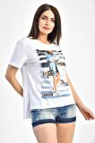 Bisiklet Yaka Baskı ve Taşlı Kısa Kol Beyaz Kadın Tişört