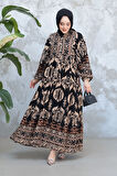 Desenli Siyah Tesettür Elbise 30025S